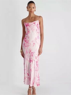 French Connection Oona Satin Sophie Cowl Neck Flare Midi Dress - NWT